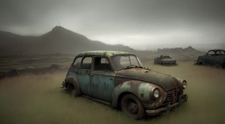 Theres an old car thats sitting on the grass, uma pintura fosca detalhada inspirada em Rudy Siswanto, Vencedor do concurso Pexels, arte conceitual, 3D render e pintura fosca, background post apocalyptic, post apocalyptic landscape, post apocalyptic view, p...