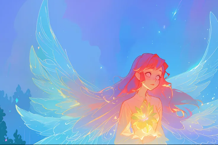 beautiful girl in flowing layered puff long sleeve ballgown, (large fairy wings), glowing flowing ballgown, glowing red hair, sparkling fairy wings, watercolor illustration, flowers and colorful plants, inspired by Glen Keane, inspired by Lois van Baarle, ...