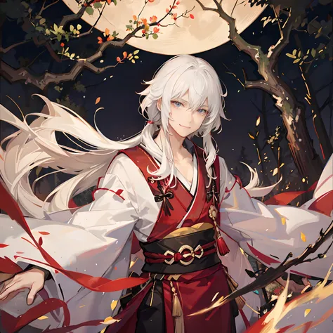 ghost (adult man) in a pure white kimono with long black hair in the woods (at night), highly detailed, friendly smile, happy, will-o-wisps, anime, watercolor