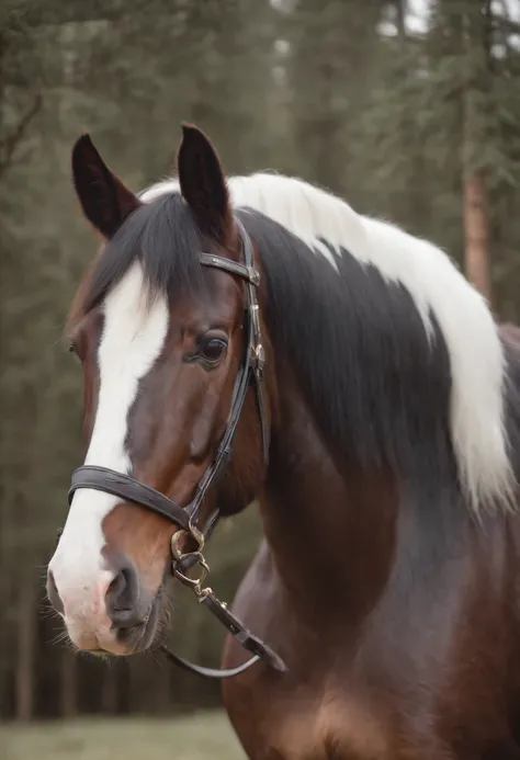 Gypsy Vanner horse, with black skin with white lightning-shaped spots, photorealistic, 4k, in the middle of a grassy field with pine trees around, with a leather saddle, snowing, with fur on its hooves.