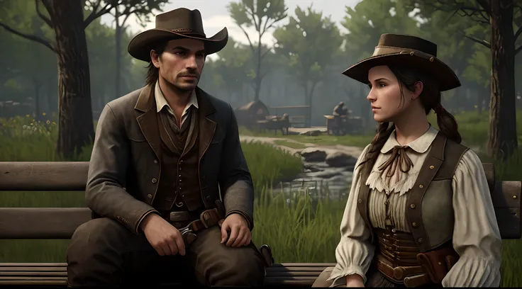 there is a man and a woman sitting on a bench, portrait ofriver, cinematic realistic portrait, RDR2)), portrait ezio auditore as female,