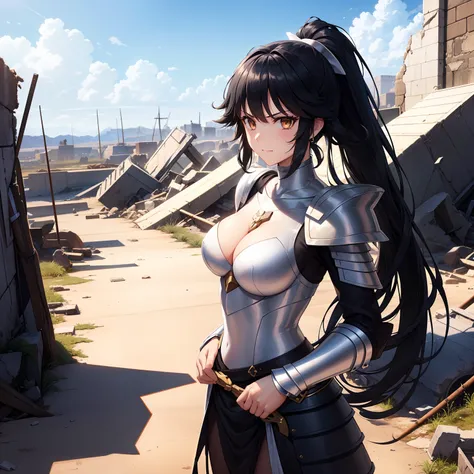 1girl,,big breasts,standing in ruined city,(8k),scratches,detailed face,black hair,brown eyes,very long hair,embarassed,small smile face,ponytail,hair, high_res, high_definition,the battlefield,battle pose,armor, (Saint seiya Custome:1.1),