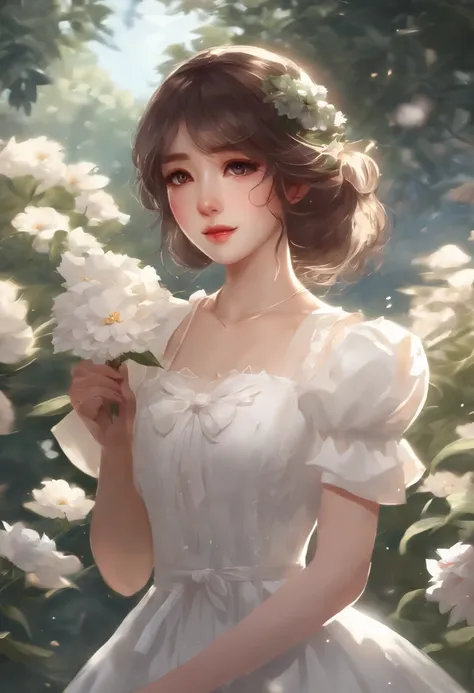 anime girl in a white dress holding a flower in a garden, beautiful anime artwork, beautiful anime art, guweiz on pixiv artstation, guweiz on artstation pixiv, beautiful anime, by Yang J, a beautiful artwork illustration, beautiful anime portrait, artwork ...