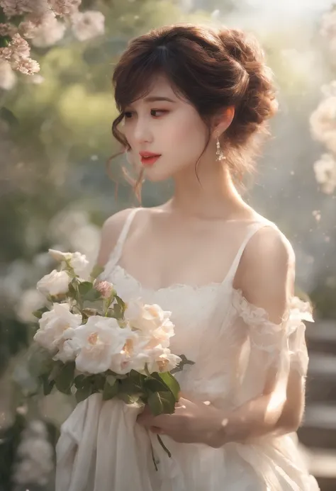 anime girl in a white dress holding a flower in a garden, beautiful anime artwork, beautiful anime art, guweiz on pixiv artstation, guweiz on artstation pixiv, beautiful anime, by Yang J, a beautiful artwork illustration, beautiful anime portrait, artwork ...