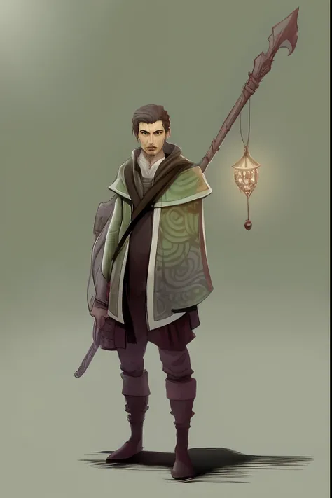 um homem com um manto verde segurando uma lanterna e um cajado, Arte conceitual de personagem de RPG, Fantasia D&D Personagem, d & d estilo retrato de corpo inteiro, Personagem de arte conceitual de RPG, Arte do personagem RPG, single character concept art...