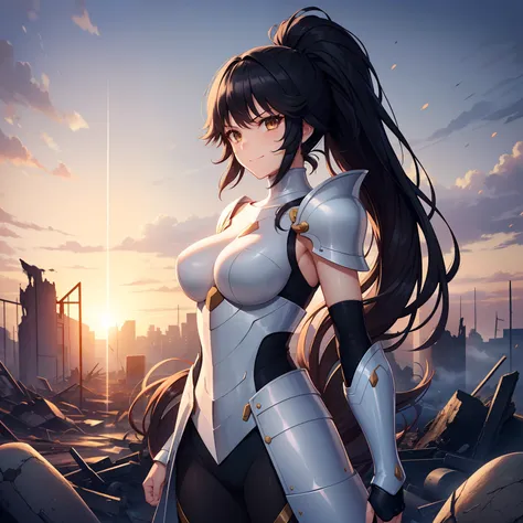 1girl,,big breasts,standing in ruined city,(8k),scratches,detailed face,black hair,brown eyes,very long hair,embarassed,small sm...