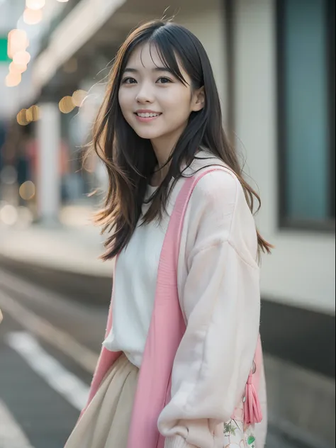 Woman Standing On The Side Of The Street、Young Asian Woman、a photography of a beautiful woman、Japan Person Model、beautiful young woman with、50mm portrait、60mm portrait、Color photo portrait 4k、Soft portrait shots 8k、17 year old girl、Happy smile