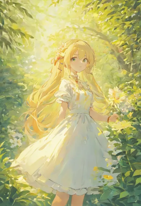 anime girl in a white dress holding a flower in a garden, beautiful anime artwork, beautiful anime art, guweiz on pixiv artstation, guweiz on artstation pixiv, beautiful anime, by Yang J, a beautiful artwork illustration, beautiful anime portrait, artwork ...