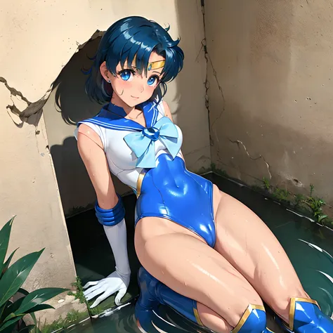 ​masterpiece, top-quality, hight resolution, Hi-Res, ultra-detailliert, Full limbs, complete fingers, Sailor Mercury　Transformation heroine of justice　Enameled White Leotard　Enamel Blue Boots　Wrinkled boots　Enamel White Gloves　Enamel Blue Mini Skirt　Neat a...