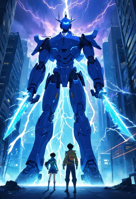 Blue Ghost Hunter, (Giant: 1.6), Super Cool Ghost Killer, Wearing blue mechanical armor, Surrounded by lightning, holding samurai sword, standing at front, super detailed, Realistic, shiny, Reflective, bio luminescent, Galaxy Control Mask, mechs, (Executio...