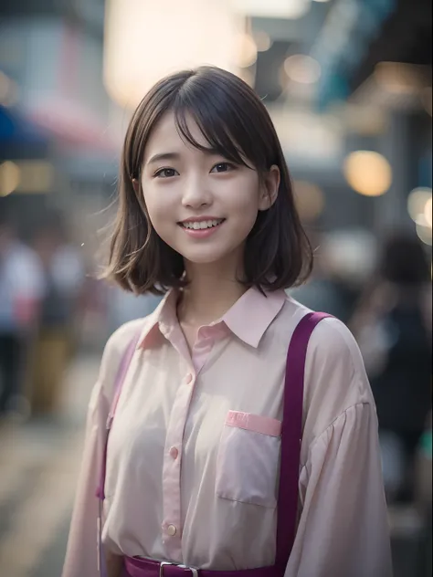 Woman Standing On The Side Of The Street、Young Asian Woman、a photography of a beautiful woman、Japan Person Model、beautiful young woman with、60mm portrait、Color photo portrait 4k、Soft portrait shots 8k、17 year old girl、Happy smile、(8K、Raw photography、top-qu...