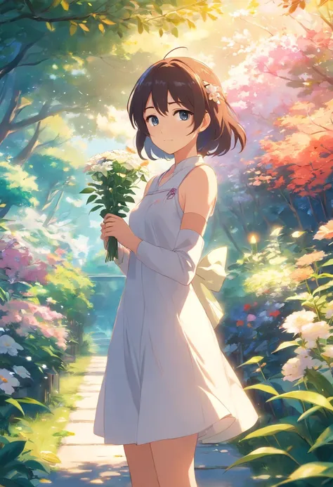 anime girl in a white dress holding a flower in a garden, beautiful anime artwork, beautiful anime art, guweiz on pixiv artstation, guweiz on artstation pixiv, beautiful anime, by Yang J, a beautiful artwork illustration, beautiful anime portrait, artwork ...