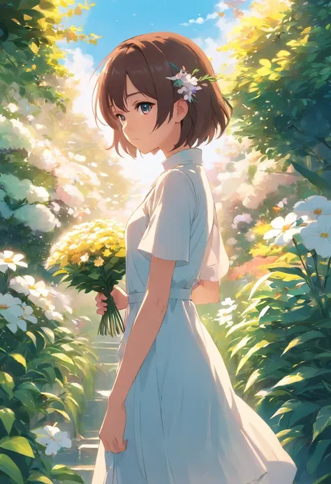 anime girl in a white dress holding a flower in a garden, beautiful anime artwork, beautiful anime art, guweiz on pixiv artstation, guweiz on artstation pixiv, beautiful anime, by Yang J, a beautiful artwork illustration, beautiful anime portrait, artwork ...