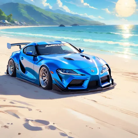 Blue Supra mk4 with liberty walk bodykit, riding on beach, in sunshine morning