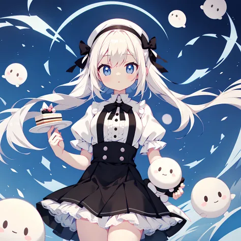 Front photography girl holding a cake in hand white bubble short sleeve shirt white doll collar white lace high neck，Black  shorts