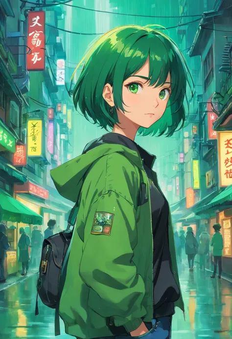 1girl em, (masutepiece), cabelos pretos, short hair, olhos verdes, Casaco Verde, black jeans, sorrir, CIDADE CYBERPUNK, chuva