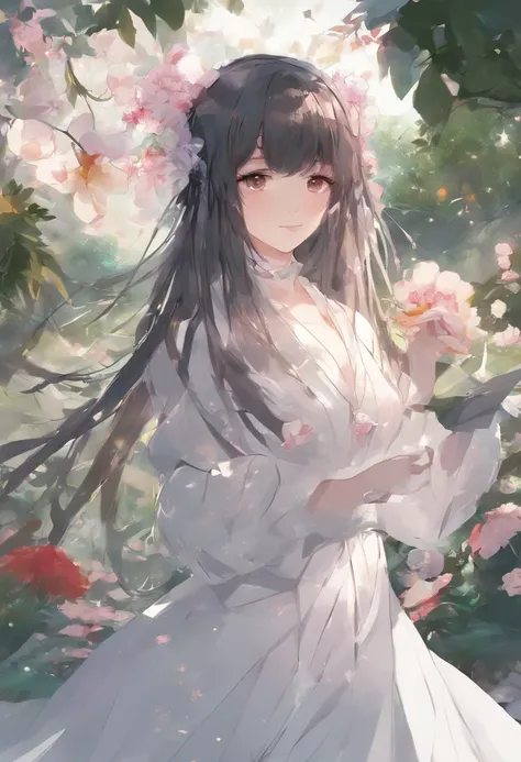 anime girl in a white dress holding a flower in a garden, beautiful anime artwork, beautiful anime art, guweiz on pixiv artstation, guweiz on artstation pixiv, beautiful anime, by Yang J, a beautiful artwork illustration, beautiful anime portrait, artwork ...