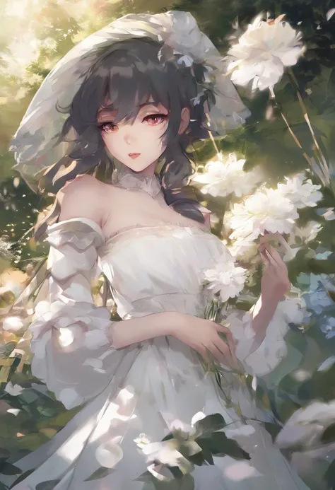 anime girl in a white dress holding a flower in a garden, beautiful anime artwork, beautiful anime art, guweiz on pixiv artstation, guweiz on artstation pixiv, beautiful anime, by Yang J, a beautiful artwork illustration, beautiful anime portrait, artwork ...