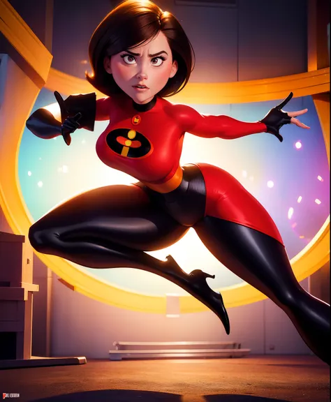 helen parr demonstrating her vibrant power with her elegant and ultra-realistic appearance. her skintight supersuit perfectly hi...