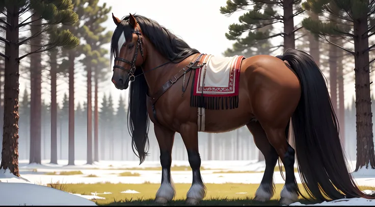 Medium Gypsy Vanner horse, with red skin, photorealistic, 4k, in the middle of a grassy field with pine trees around, with a leather saddle, snowing, with fur on its hooves.