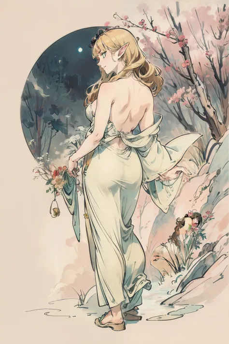 SFW,masutepiece, Best Quality, High resolution, 1girl in, Full body, Details Girl, detail hands, Detail fingers, Detail Face, detail legs, 1girl in, elf, Looking down, Flower Garden, Black sky, smog, watercolor paiting, pale skin, Petite, Blonde hair, Long...