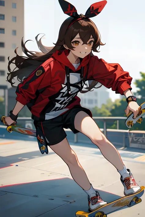 SFW, masterpiece, standing (woman 1), (((skateboarder pose))), (skate clothes), amber eyes,  dark brown hair, long hair, ribon, ((((1 skateboard)))), ((close up)), (grafiti), ((skateboard park)), concrete,(((skateboarding))), (cool smile)