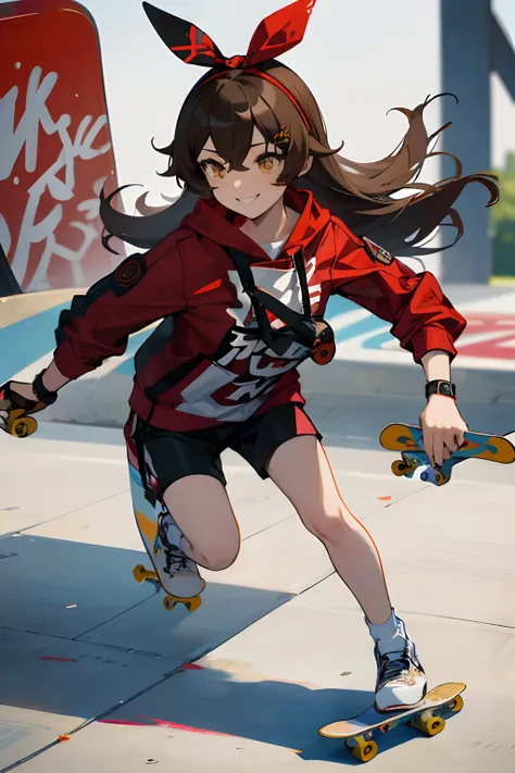 SFW, masterpiece, standing (woman 1), (((skateboarder pose))), (skate clothes), amber eyes,  dark brown hair, long hair, ribon, ((((1 skateboard)))), ((close up)), (grafiti), ((skateboard park)), concrete,(((skateboarding))), (cool smile)