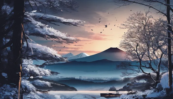 Mt fuji、morning glow、grand、Dynamic landscapes、midwinter、a picture、realisitic