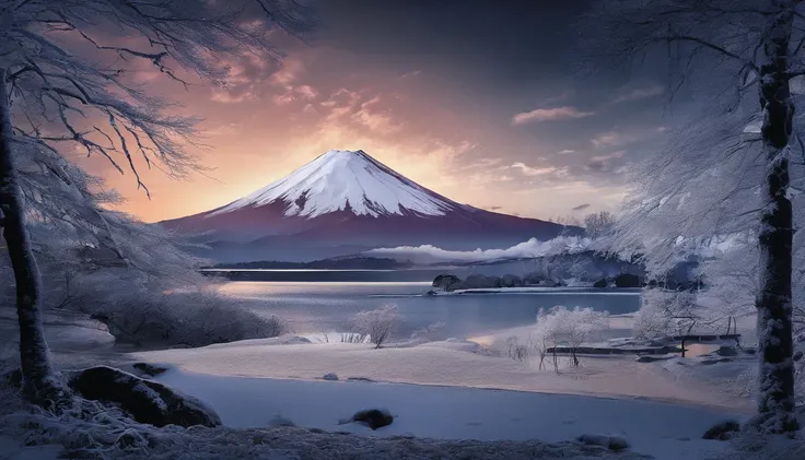 Mt fuji、morning glow、grand、Dynamic landscapes、midwinter、a picture、realisitic