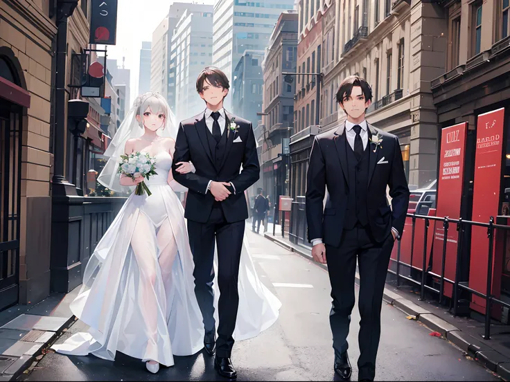 A man and a woman：1.5，Wedding photo shooting：1.7，Man wearing suit and tie：1.6，The girl wears a white wedding dress：1.7，