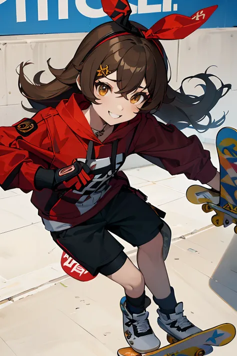 SFW, masterpiece, standing (woman 1), (((skateboarder pose))), (skate clothes), amber eyes,  dark brown hair, long hair, ribon, ((((1 skateboard)))), ((close up)), (grafiti), ((skateboard park)), concrete,(((skateboarding))), (cool smile)