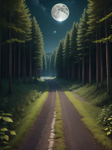 Masterpiece, ultra realistic, high texture, 8k, ultra hd,  greenest forest, mid road night view,full moon, birds