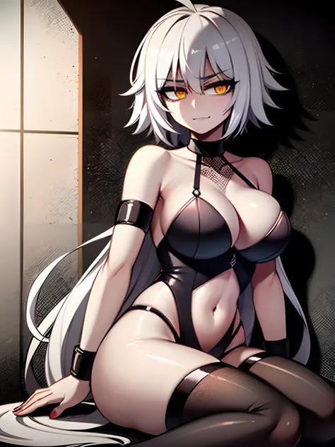 ((Masterpiece, top quality, super definition, ultra definition)), Solo, Full Body, (Jeanne Alter from Fate/Grand Order), (Wearing Jeanne Alters iconic black bikini with red details), (((Clear expression of body unevenness)), looking at the camera, (sitting...