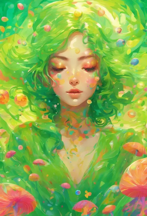 ((top-quality, 8K)), (Realistic), (Face Focus: 1.1), (green grass:1.3), Kawaii Girl, Hair fluttering in the wind, Look up with your face facing the sky、Eyes closed, (barechested: 1.1)、D Cup Breasts、Countless rains、Countless soap bubbles、