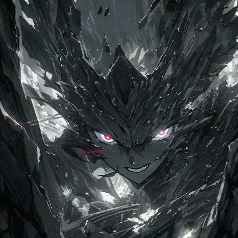 Anime humanoid monster, glowing eyes,eye glare, monochrome, close up shot, creating a crack in reality, powerful aura, destroyed city,dark,night,8k,64k, HD, unparalleled masterpiece, dynamic lighting, cinematic, Ambient lighting, epic