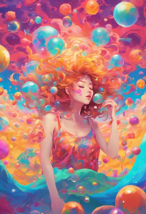 ((top-quality, 8K)), (Realistic), (Face Focus: 1.1), Kawaii Girl, Hair fluttering in the wind, Look up with your face facing the sky、Eyes closed, (nudde: 1.3)、D Cup Breasts、Countless rains、Countless soap bubbles、