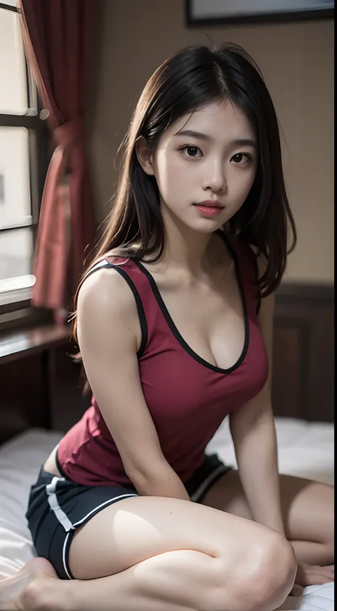 8K，top Quority，tmasterpiece，Realism，Three-dimensional feeling，adolable，physically-based renderingt，A female high school student，Chinese face，adolable，full body shot shot，sleeveless shirts，Pajama shorts，exposing her chest，ssmile，Toothy，White skin in the red...