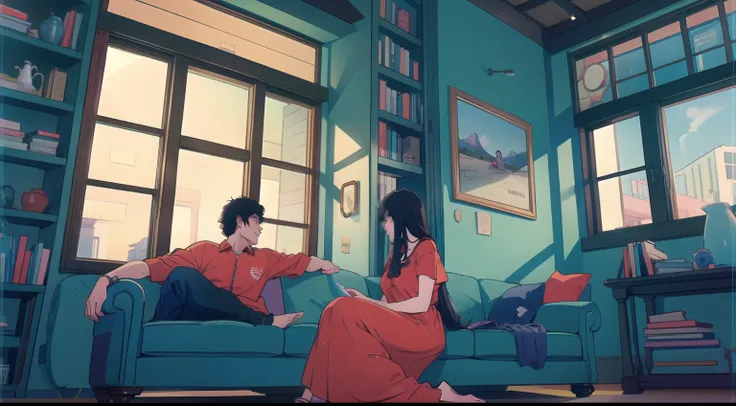 (a girl, a boy), sitting on a sofa, in a cozy house, surrounded by yellow walls, the girl is wearing a vibrant red dress, while ...