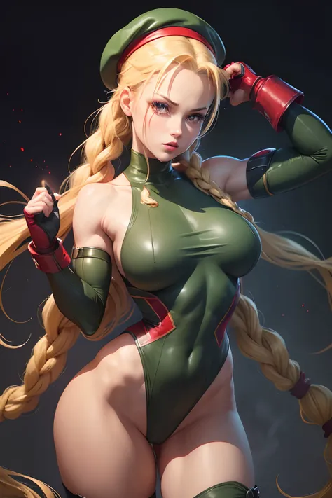 ((Cammy from street fighter series))(she has big glowing eyes)(bright red lips) (very long blonde twin braids hairstyle) (dark eyeshadows make up)((big breasts)) (perfect slim body) (wears dark green leotard, red gauntlets, red beret, black military boots)...