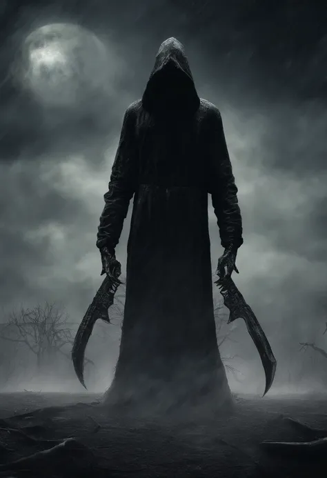 Create a frighteningly detailed and realistic depiction of the hooded figure of Death. The scene is expected to feature a black silhouette with a skull on a face and a skeletal hand holding a menacing sickle. Esta figura sinistra deve ter como pano de fund...