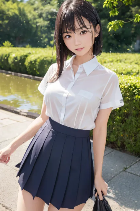 Best Quality、masutepiece、超A high resolution、(Photorealistic:1.4)、infp young woman、short-hair、(japanese hight school uniform:1.2)、short sleeves school uniform、Pleated skirt in a middle-length uniform、hide the chest with your hands、Naughty smile、(the perfect...