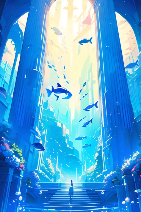 hdsj, blue themes, pillar, long hair, black hair, solo, scenery, column, bubble, 1boys, fish，underwater