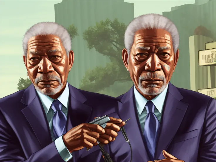 Masterpiece, best quality, Morgan Freeman, blue suit, expensive office, masterpiece, ((GTA V Style:1.1))