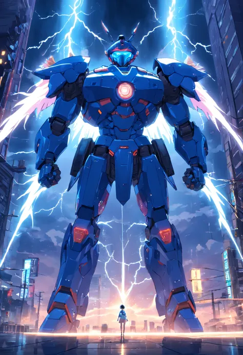 Blue Ghost Hunter, (Giant: 1.6), Super Cool Ghost Killer, Wearing blue mechanical armor, Surrounded by lightning, holding samurai sword, standing at front, super detailed, Realistic, shiny, Reflective, bio luminescent, Galaxy Control Mask, mechs, (Executio...