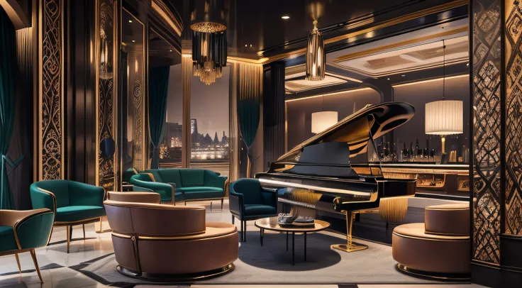 A jazz club with a Luxurious mood in the style of Contemporary interior design with a view