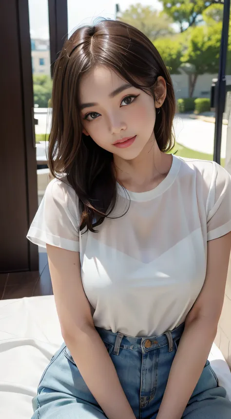 ​masterpiece、Top image quality:1.2、((beautiful young woman with))、Transparent skin:1.2、{A slight smil}、(kawaii)、Short sleeve knit、luxury hotel、depth of fields、Sharp Focus、Fine details