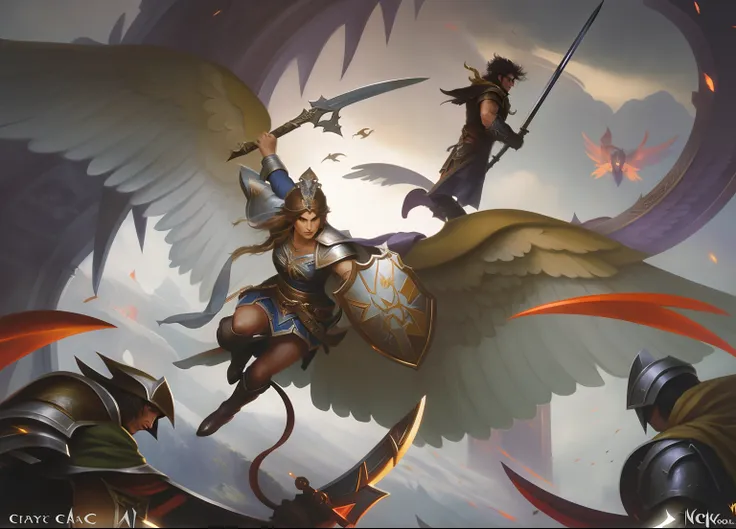 there is a woman with large angelic wings and a sword, an elf is drawing his bow in the background, the backs of enemies are seen in the foreground, by Jason Felix, epic fantasty card game art, rob rey and kentarõ miura, magic the gathering artstyle, fanta...