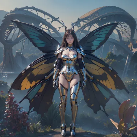 wide wide shot，(Best quality,4K,8K,A high resolution,Masterpiece:1.2),Ultra-detailed,(Realistic,Photorealistic,photo-realistic:1.37),Mechanical Woman，Huge butterfly wings,Shiny metal skin,Rabbit ears，(Mechanical body,Mechanical limb)。nigth,(frontage)，stand...