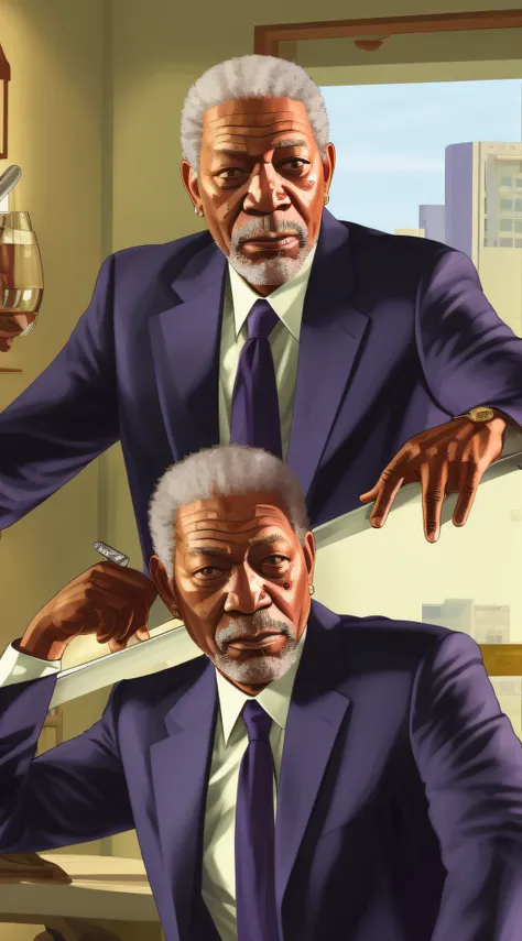 masterpiece, best quality, morgan freeman, blue suit, expensive office, masterpiece, ((gta v style:1.1))