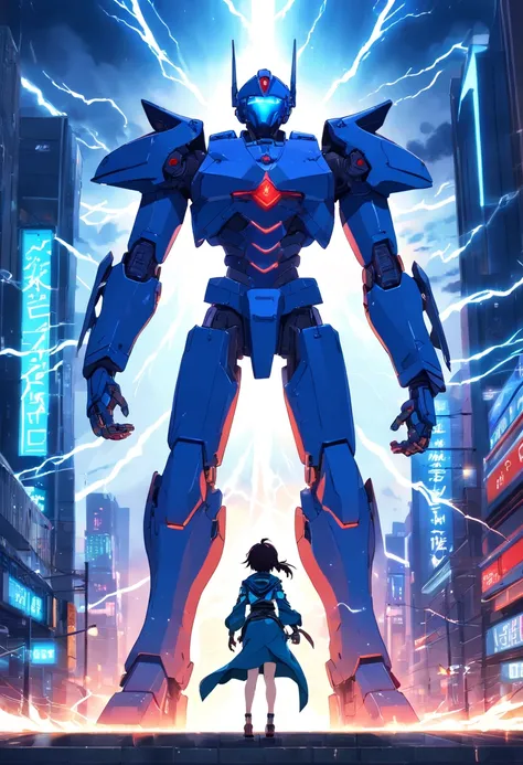 Blue Ghost Hunter, (Giant: 1.6), Super Cool Ghost Killer, Wearing blue mechanical armor, Surrounded by lightning, holding samurai sword, standing at front, super detailed, Realistic, shiny, Reflective, bio luminescent, Galaxy Control Mask, mechs, (The exec...